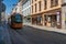 Modern tramway on historic streets of Pilsen town