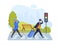 Modern travel people case suitcase hustle crossing avenue road crosswalk traffic light