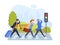 Modern travel people case suitcase hustle crossing avenue road crosswalk traffic light