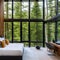 Modern Treehouse: A contemporary treehouse bedroom with large windows offering views of the surrounding trees, seamlessly mergin