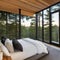 Modern Treehouse: A contemporary treehouse bedroom with large windows offering views of the surrounding trees, seamlessly mergin