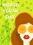 Modern trendy banner on the theme of vegetarianism. World Vegan Day. HEALTHY FOOD. Woman with a carrot