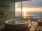 Modern trendy bathroom with bath tub, open large window with natural view outside. Generative AI