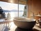 Modern trendy bathroom with bath tub, open large window with natural view outside. Generative AI