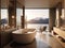 Modern trendy bathroom with bath tub, open large window with natural view outside. Generative AI