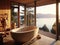 Modern trendy bathroom with bath tub, open large window with natural view outside. Generative AI