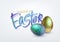 Modern trendy Golden metallic shiny typography Happy Easter on a background of easter eggs. 3D realistic lettering for