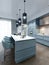 Modern trendy kitchen with light blue faded coral color furniture