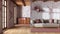 Modern trendy living room and kitchen with wallpaper in red and beige tones. Wooden cabinets and fabric sofa. Minimal farmhouse