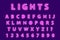 Modern trendy pink neon alphabet on a purple background. LED glowing letters font. Luminescent number. Vector