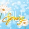 Modern trendy Spring 3d handwriting typography on blue background with realistic daisy flowers, flying petals and blurred b