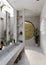 Modern tropical loft bathroom interior design with modern stylish cement sink