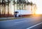 A modern truck with a refrigerated semi-trailer transports goods against the backdrop of a forest and an evening sunset