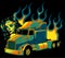 Modern truck vector illustration burn with woman head on black background. digital hand draw