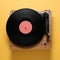 Modern turntable with vinyl record on orange background, top view