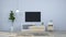 Modern Tv wood cabinet in empty room 3d illustration home designs,background shelves and books on the desk in front of wall empty