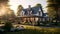 A modern two-story farmhouse,GenerativeAI Illustration, wide glass windows, rustic metal roof, verdant garden, stone path,