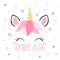 Modern unicorn face background with text.