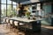 Modern, upscale kitchen featuring a sage green counter cabinet and induction