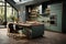 Modern, upscale kitchen featuring a sage green counter cabinet and induction