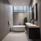 A modern urban oasis bathroom with concrete walls, sleek fixtures, and minimalist design1