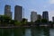 Modern urban Paris view: tall skyscrapers by the river Seine