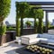 A modern, urban rooftop garden with lush greenery, a pergola, and city skyline views2, Generative AI