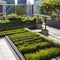 A modern, urban rooftop garden with lush greenery, a pergola, and city skyline views5, Generative AI