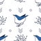 Modern vector abstract seamless pattern. Blue and white birds. Floral and geometric elements.  Geometric lines in scandinavian