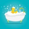 Modern vector illustration of bathtime and spa with soap foam bubbles and yellow duck.