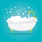 Modern vector illustration of bathtub with foam shower and soap bubbles