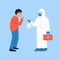 Modern vector illustration in flat style. Coughing, sneezing man and doctor in white protective suit giving him medical