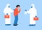 Modern vector illustration in flat style. Coughing, sneezing man and doctors in hazmat suits helping him to recover