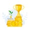 Modern vector illustration of gold trophy cup. First place for business. Team success vector concept. Achievement reward