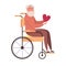 Modern vector illustration of handicapped old man with heart symbol in hands. Happy male character in wheelchair.