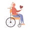 Modern vector illustration of handicapped old woman with heart symbol in hands. Happy female character in wheelchair.