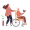 Modern vector illustration of help old disabled people. Characters volunteers with handicapped grandmother. Daughter