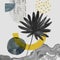 Modern vector illustration with tropical palm leaf, grainy grunge textures, doodles, minimal elements