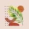 Modern vector illustration with tropical palm leaf, grainy grunge textures, doodles, minimal elements