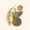 Modern vector illustration with tropical palm leaf, grainy grunge textures, doodles, minimal elements