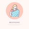 Modern vector line icon of public breastfeeding. Linear illustration of mothers breast milk. Outline nursing cape symbol. Breast