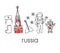 Modern vector line illustration Russia with famous russian symbols: Spasskaya Kremlin tower, soviet cosmonaut, ushanka hat, boots,