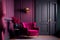 Modern Velour Chair Viva Magenta, color of the year 2023on wooden legs, grey background