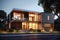 Modern villa exterior, luxury residential house with big windows in evening, generative AI