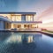 Modern villa and a luxurious infinity pool, photorealistic generative AI illustration