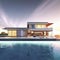 Modern villa and a luxurious infinity pool, photorealistic generative AI illustration