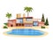 Modern villa on residence, expensive mansion palm trees. Luxury cottage house exterior blue swimming pool. Cartoon