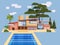 Modern villa on residence, expensive mansion palm trees. Luxury cottage house exterior blue swimming pool. Cartoon