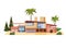 Modern villa on residence, expensive mansion palm trees. Luxury cottage house exterior. Cartoon vector illustration