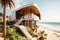 Modern villa on a tropical sand beach among palm trees. Minimalist house with round curved shaped forms. Created with generative